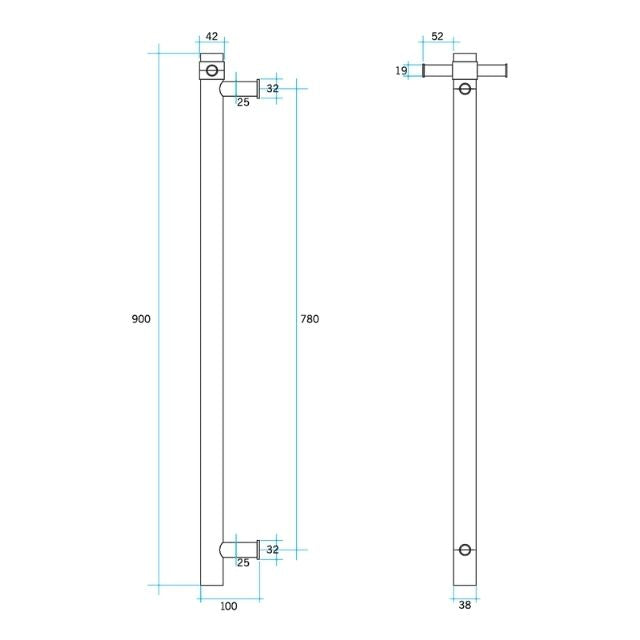 Thermogroup Thermorail stainless steel vertical towel rail technical drawing, 900mm high with optional top hook detail