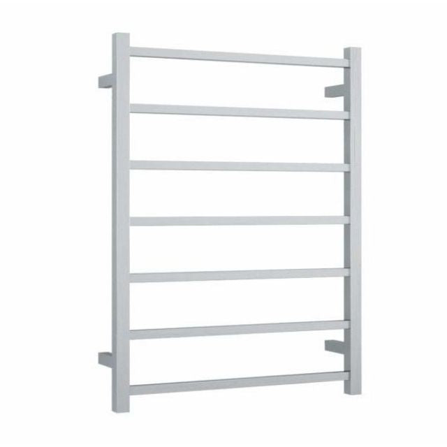 Thermogroup brushed stainless steel heated towel rail, straight square 7-bar, front view