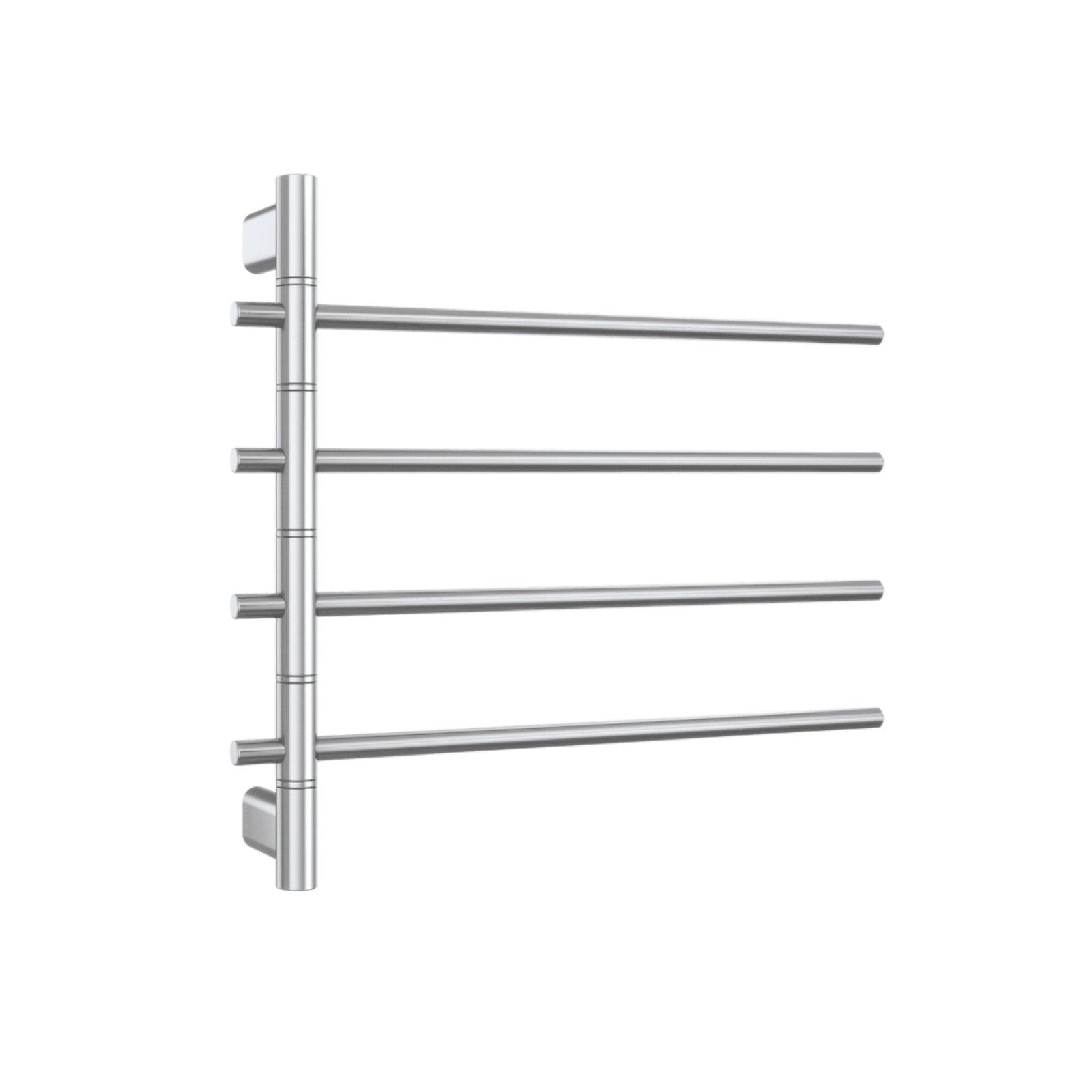Thermogroup polished stainless steel heated towel rail with 4 swivel round bars, side view on white background