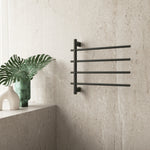 Thermogroup matt black heated towel rail with 4 swivel bars, wall-mounted in a bathroom setting
