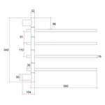 Technical drawing of Thermogroup Thermorail swivel heated towel rail, 4 bars, with dimensions marked in black and red.
