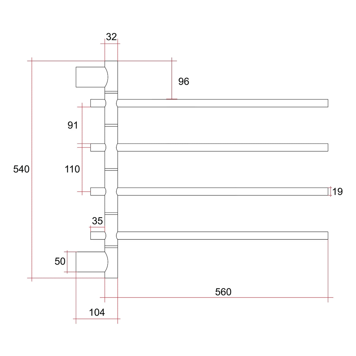 Technical drawing of Thermogroup Thermorail swivel heated towel rail, 4 bars, with dimensions marked in black and red.
