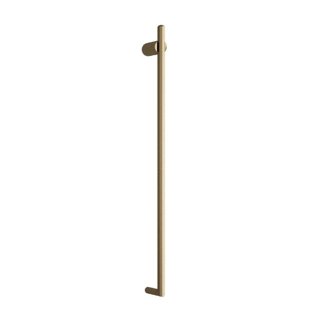 Thermogroup vertical heated towel rail in brushed brass, slim round single-bar design on white background