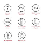 Thermogroup Thermorail vertical heated towel rail icons showing 7-year warranty, IP55, 240V and brushed nickel details