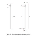 Technical drawing of Thermogroup Thermorail Thin/Round vertical heated towel rail, 900mm high brushed nickel profile with dimensions shown