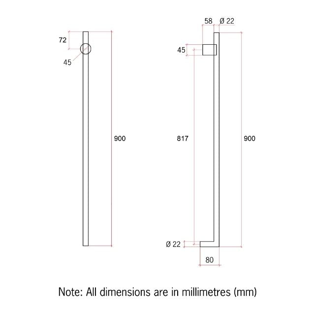 Technical drawing of Thermogroup Thermorail Thin/Round vertical heated towel rail, 900mm high brushed nickel profile with dimensions shown