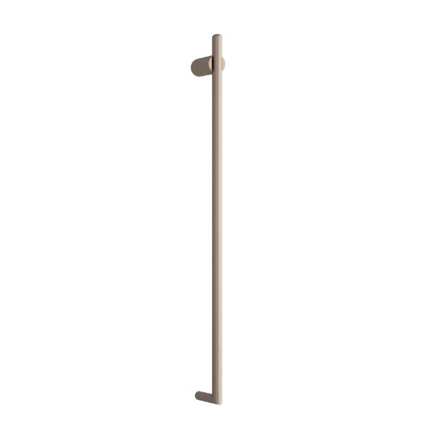 Thermogroup vertical heated towel rail in brushed nickel, slim oval design on white background