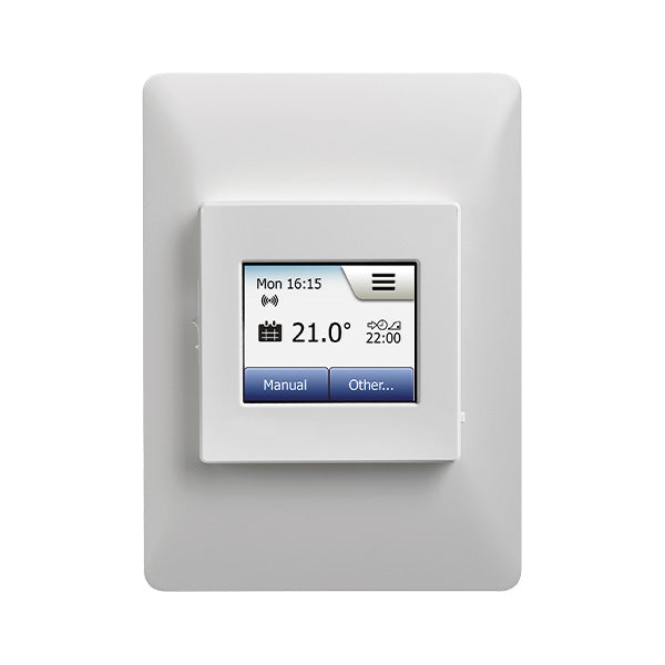Thermogroup Thermotouch Wi-Fi touchscreen thermostat in white, shown front on with wall plate and colour display for underfloor heating