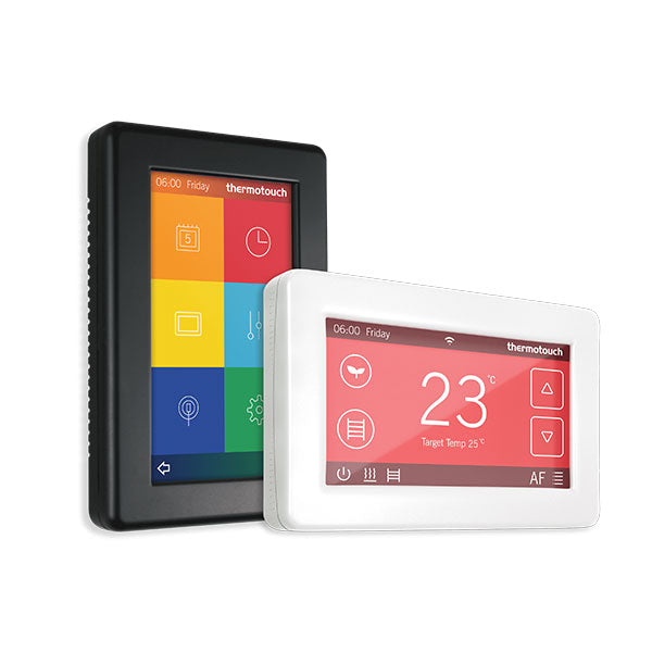 Thermogroup Thermotouch dual control thermostat in black and white, shown front on with colour touchscreen display and wall panel design