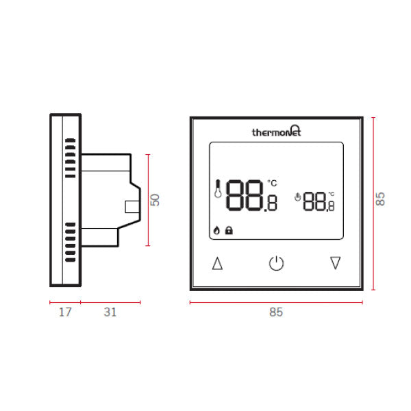 Thermogroup Thermotouch black glass manual thermostat technical drawing, front and side view with 85mm square dimensions