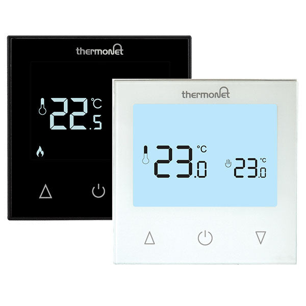 Thermogroup Thermotouch glass manual thermostat shown in black and ice white, with digital temperature display and touch controls