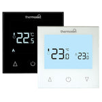 Thermogroup Thermotouch glass manual thermostat shown in black and ice white, with digital temperature display and touch controls