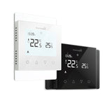 Thermogroup Thermotouch glass programmable thermostat, shown in ice white and black wall-mounted options with digital display.