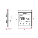 Thermogroup Thermotouch 7.6iG black glass programmable thermostat technical drawing, front and side view with dimensions