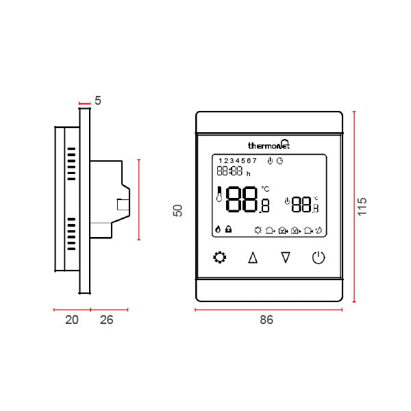Thermogroup Thermotouch 7.6iG black glass programmable thermostat technical drawing, front and side view with dimensions