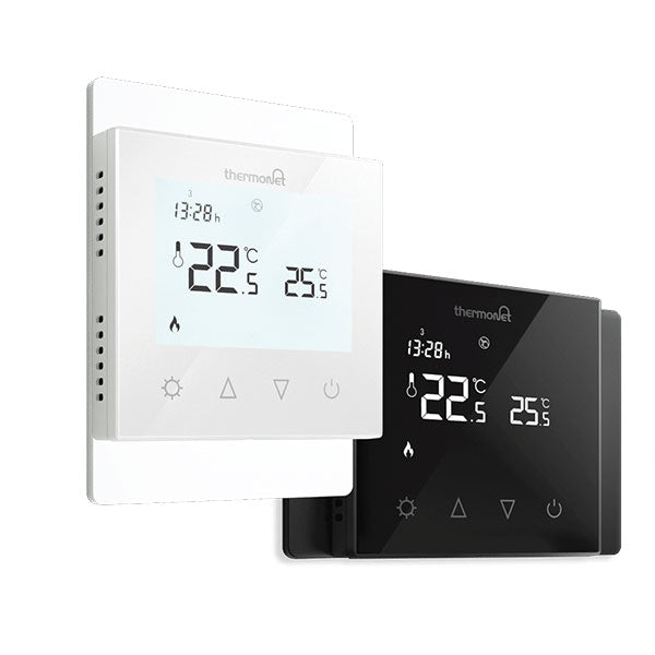 Thermogroup Thermotouch 7.6iG landscape mounting plate in ice white, shown behind the thermostat in white and black