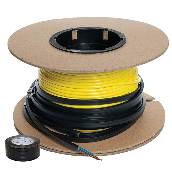 Thermogroup Thermowire underfloor heating loose wire cable on cardboard spool, black and yellow cable with cloth tape roll