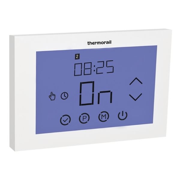 Thermorail TRTSL touch screen 7 day timer, white landscape wall control with blue display and digital icons
