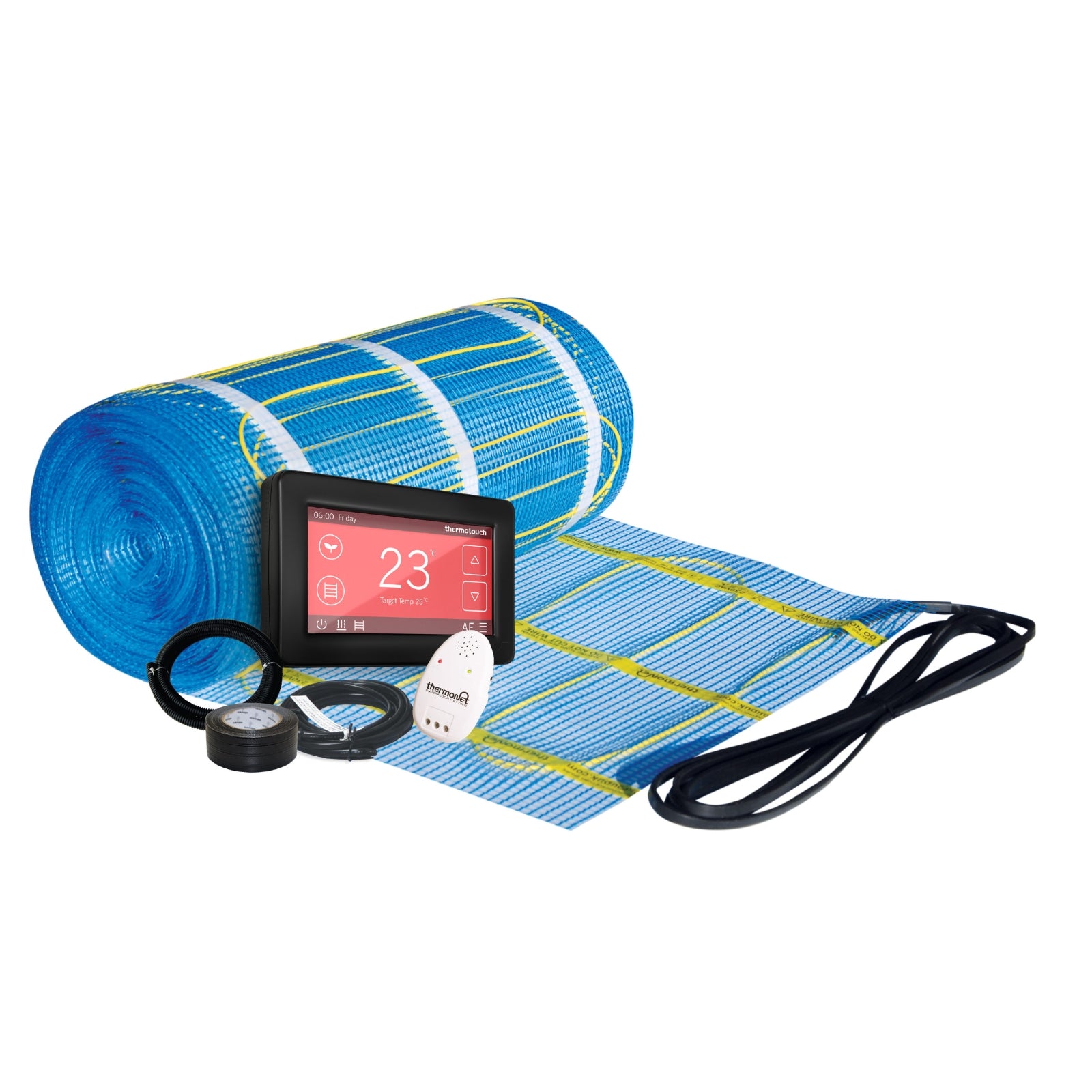 Thermogroup underfloor heating kit with blue heating mat, white dual controller and sensor accessories on white background