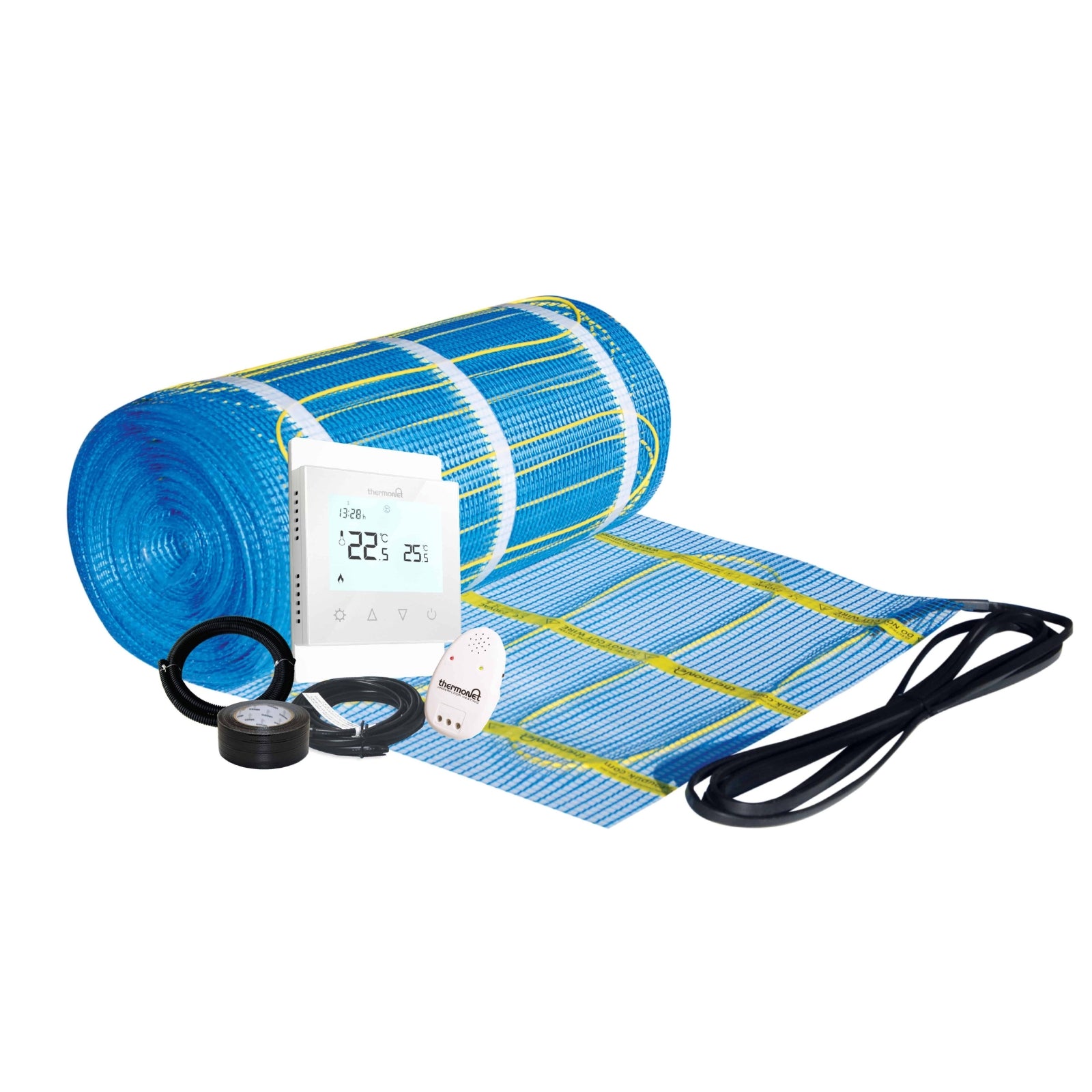 Thermogroup underfloor heating kit with blue heat mat, white thermostat, sensor and cable on white background
