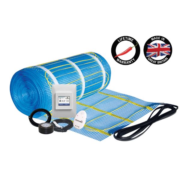 Thermogroup 1.5m² underfloor heating kit with blue mat, thermostat, cable and Lifetime Warranty badges