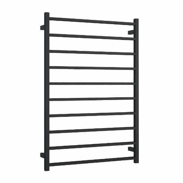 Thermogroup matte black square 10-bar heated towel ladder, straight wall-mounted rail shown front on