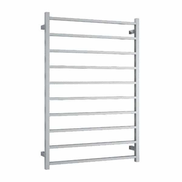 Thermogroup polished stainless steel 10 bar heated towel ladder, straight square bathroom rail, front view