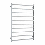 Thermogroup polished stainless steel 10 bar heated towel ladder, straight square bathroom rail, front view