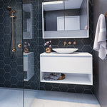 Timberline Kansas white wall hung vanity with above counter basin, open shelf and mirrored shaving cabinet in bathroom setting