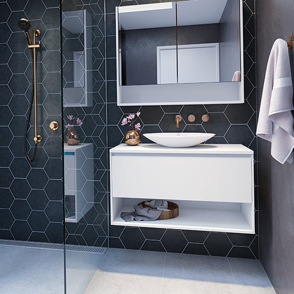 Timberline Kansas white wall hung vanity with above counter basin, open shelf and mirrored shaving cabinet in bathroom setting