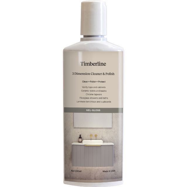 Timberline 3 Dimension Cleaner & Polish 230ml bottle, white cap, vanity accessories cleaner for bathroom and kitchen surfaces