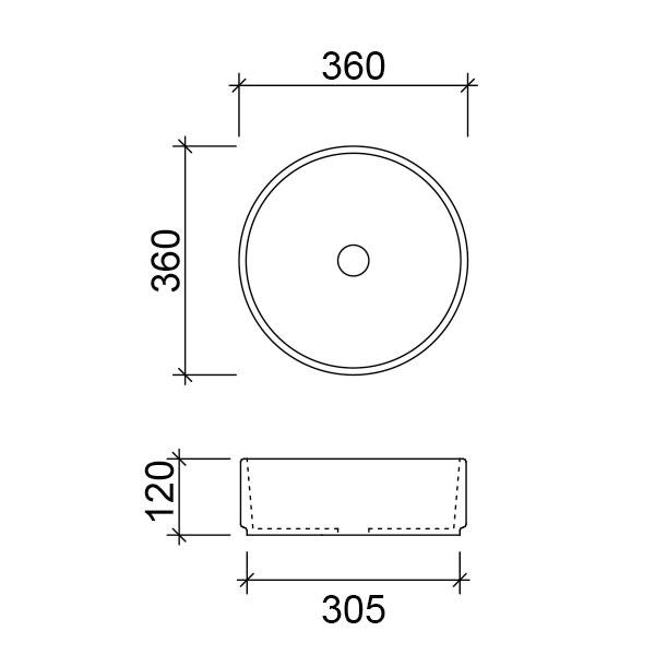 Timberline Allure grey round above counter basin technical drawing, 360mm x 360mm, 120mm high, with 305mm base width