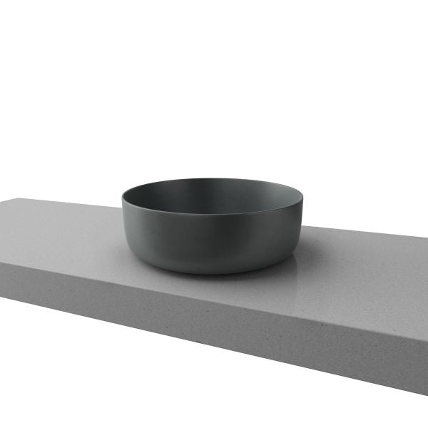 Timberline Allure grey round above-counter basin on a vanity top, shown in side view with a thin rim.