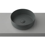 Timberline Allure grey round above counter basin on a vanity top, shown front-on with thin rim and plug detail