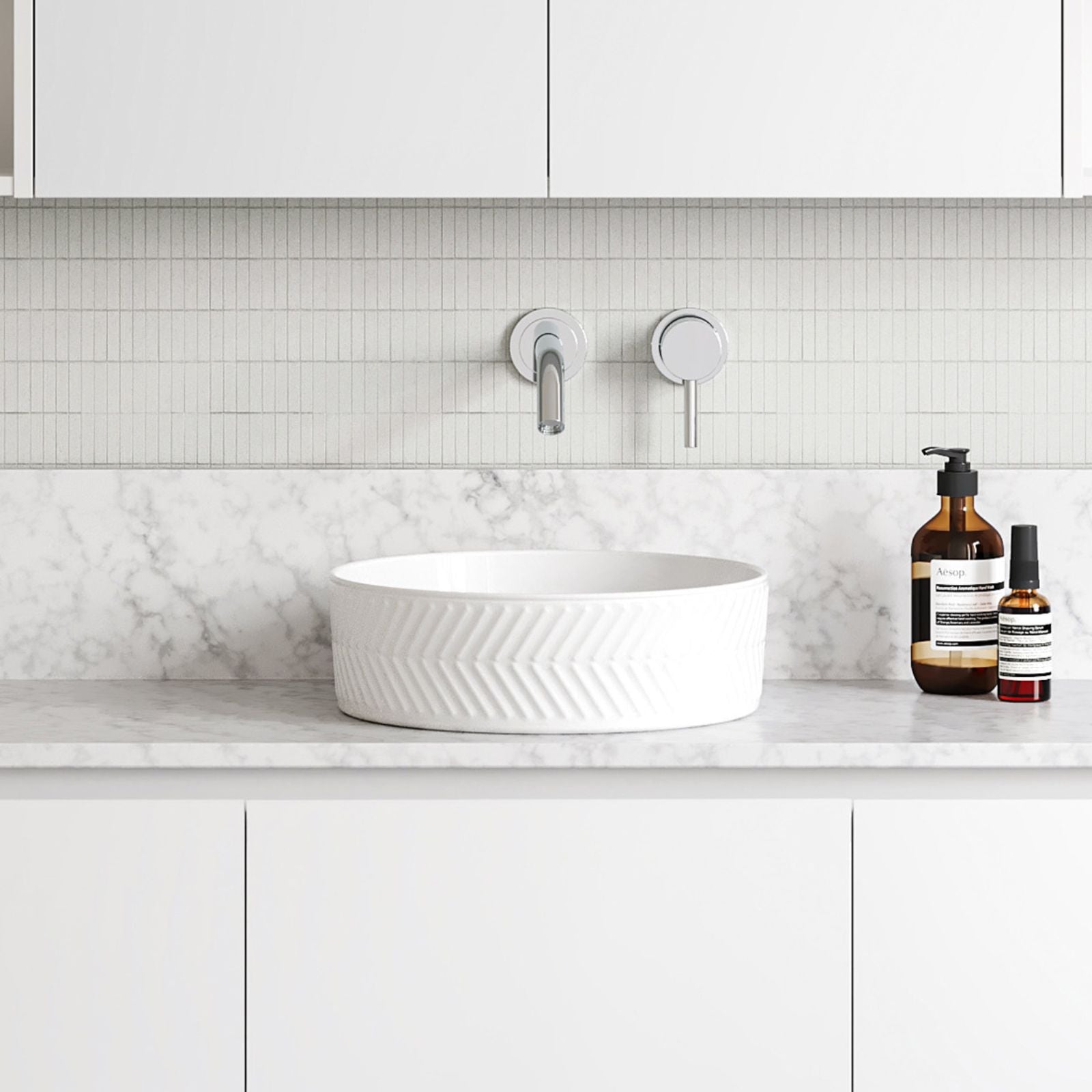 Timberline Allure Arrow white round above counter basin with chevron texture, shown on a vanity in a modern bathroom