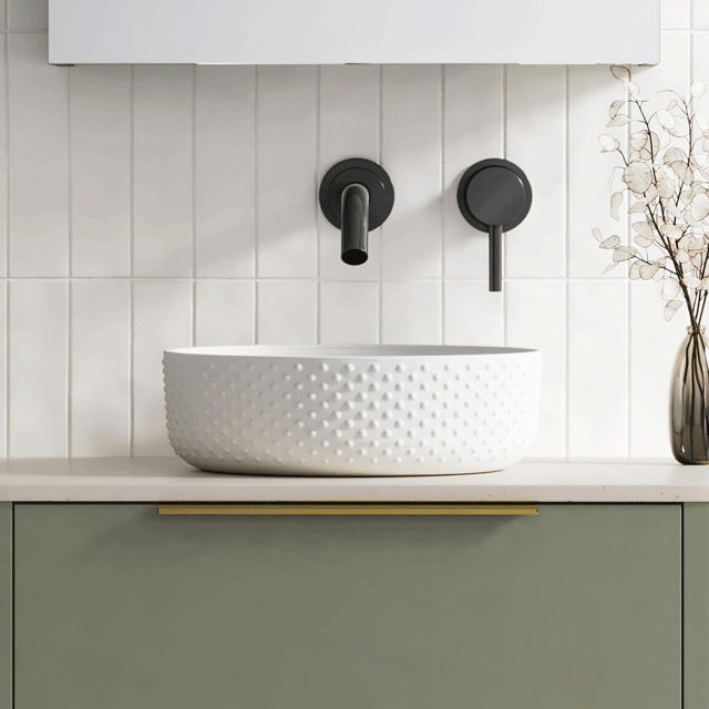 Timberline Allure Dimple white above counter basin, round ceramic gloss finish with raised spotted texture on vanity
