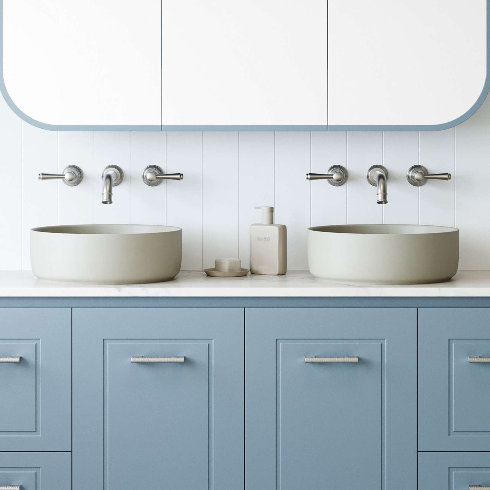 Timberline Allure light grey round above-counter basin on vanity top, with twin basins and wall tapware in a bathroom setting