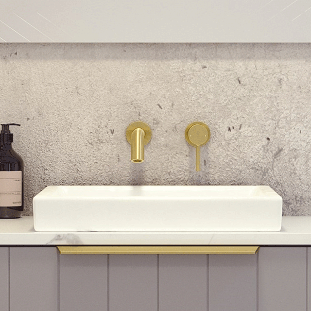 Timberline Arcade white square inset bathroom basin in a vanity, with wall-mounted brass tapware