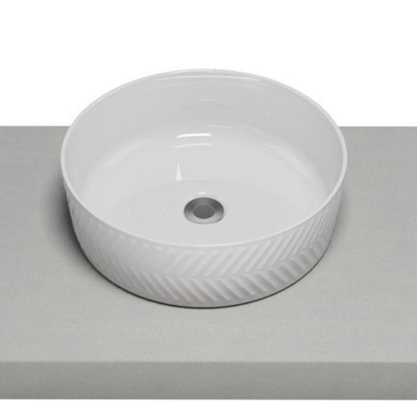 Timberline Allure Arrow round white above counter basin with chevron textured outer edge and thin rim, front view