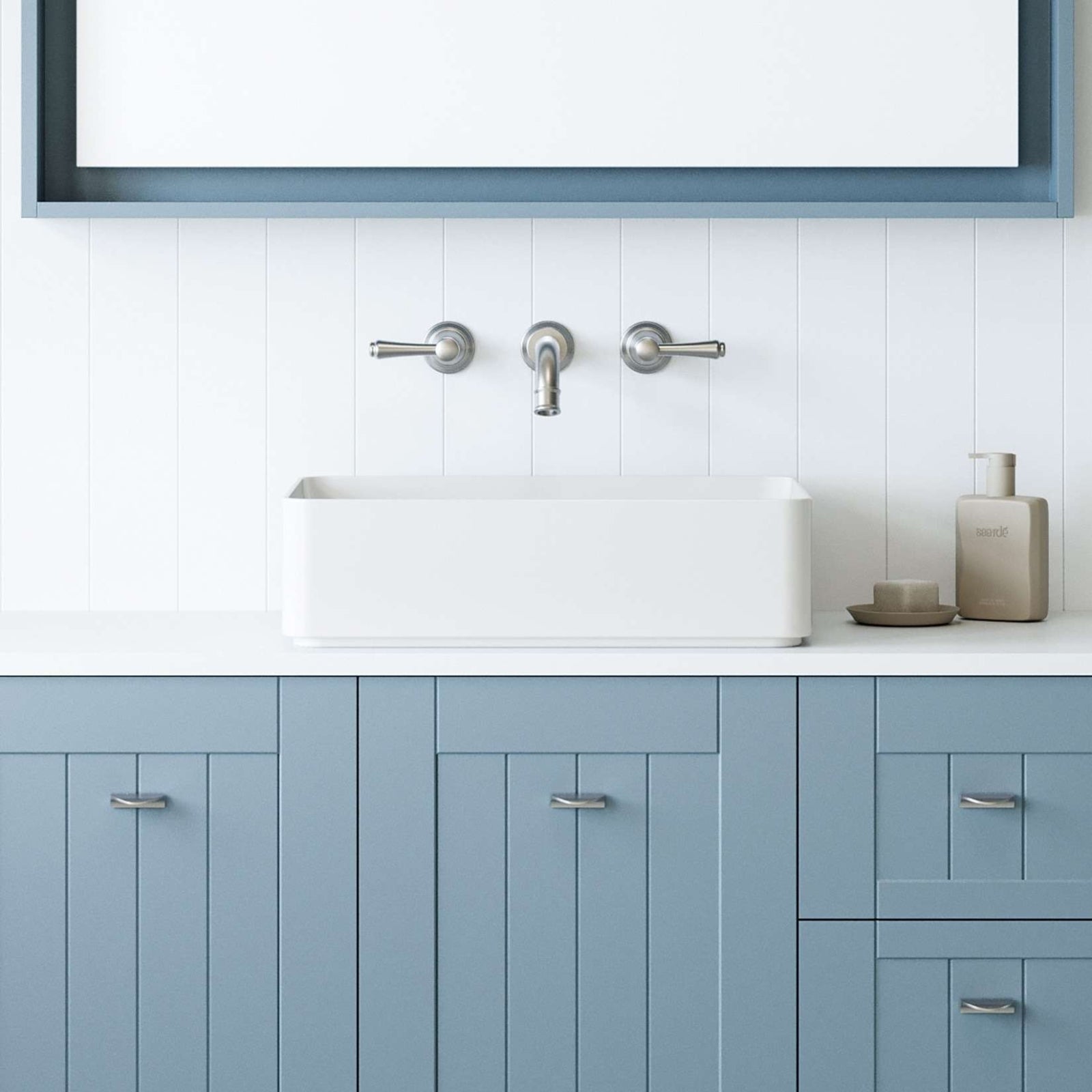 Timberline August rectangular above counter basin in white gloss, shown on a blue vanity with chrome tapware
