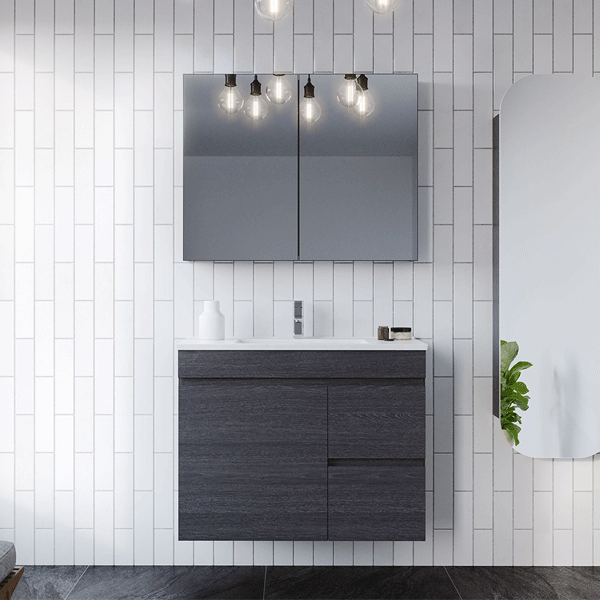 Timberline Bargo 900mm wall hung vanity with white ceramic top and dark woodgrain finish in a bathroom setting