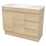 Timberline Bargo floor standing vanity with Regal mineral composite top, woodgrain finish and centre basin, angled view