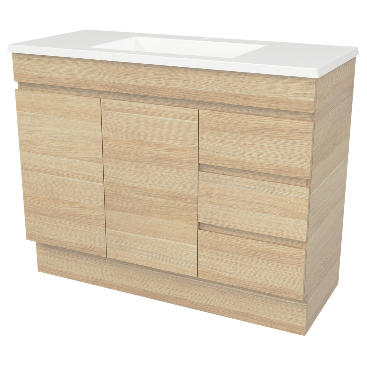 Timberline Bargo floor standing vanity with Regal mineral composite top, woodgrain finish and centre basin, angled view