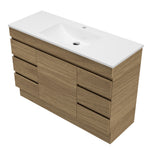Timberline Bargo floor standing vanity in woodgrain with white mineral composite top and left basin view