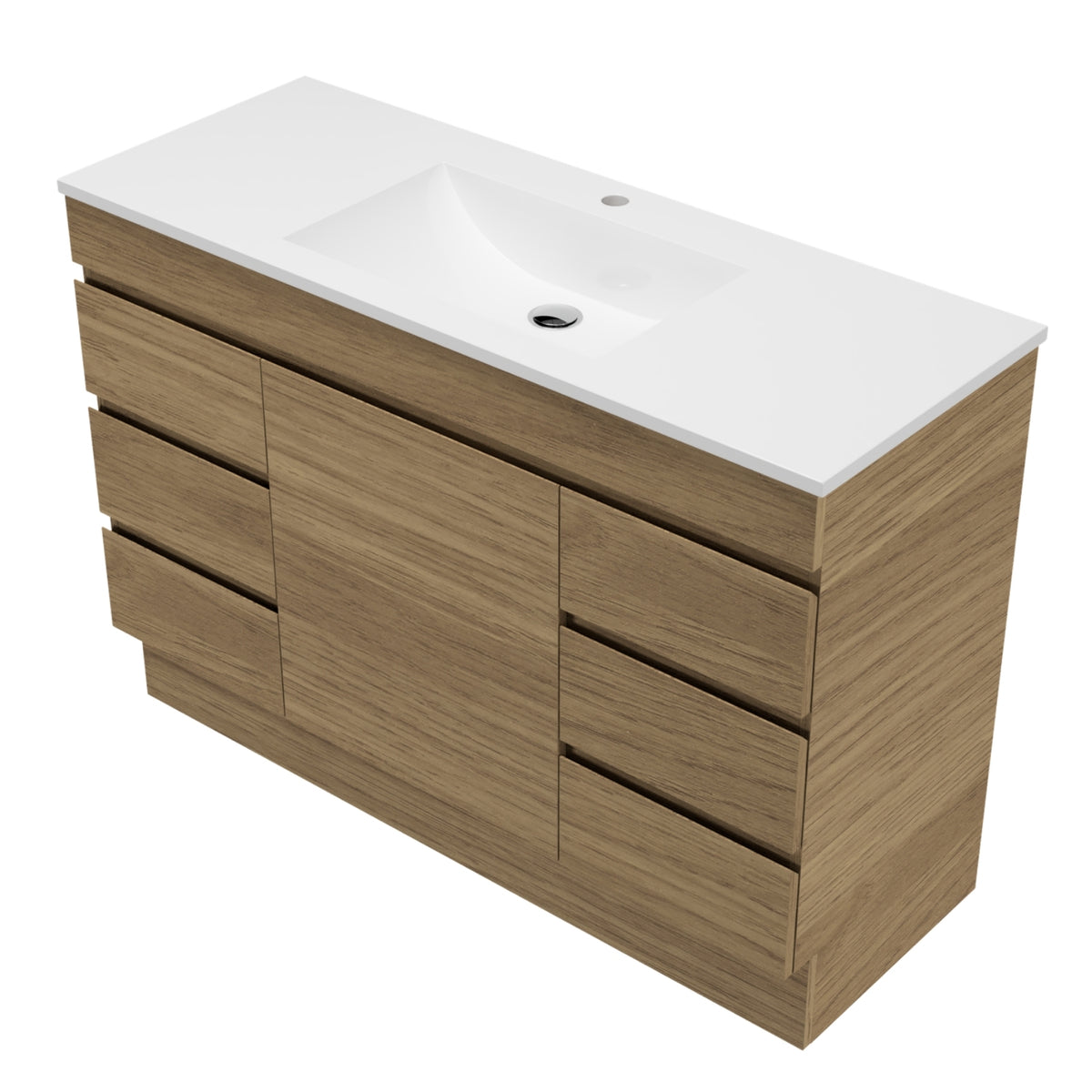 Timberline Bargo floor standing vanity in woodgrain with white mineral composite top and left basin view