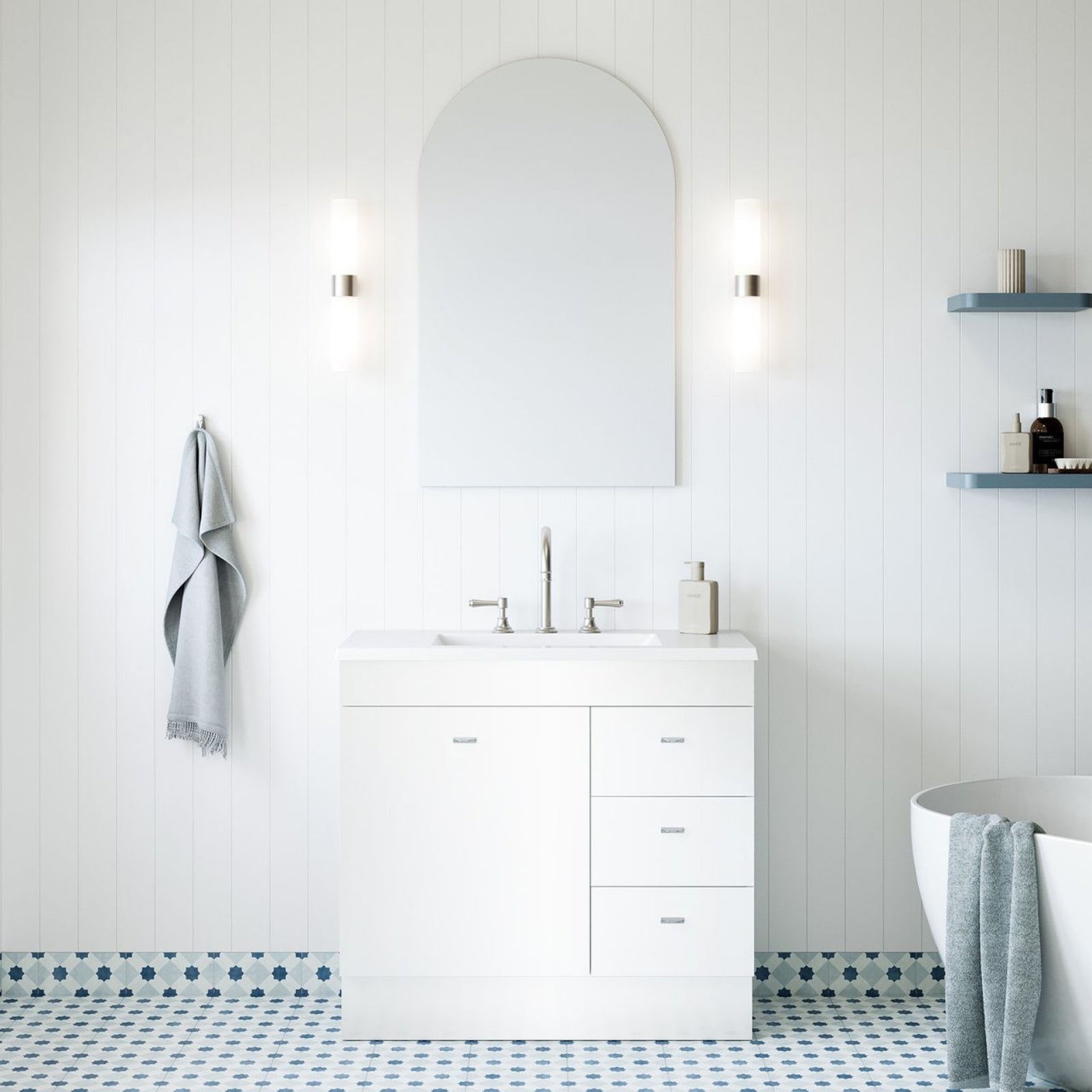 Timberline Bargo floor standing vanity in white with Regal mineral composite top, shown in a bright bathroom setting