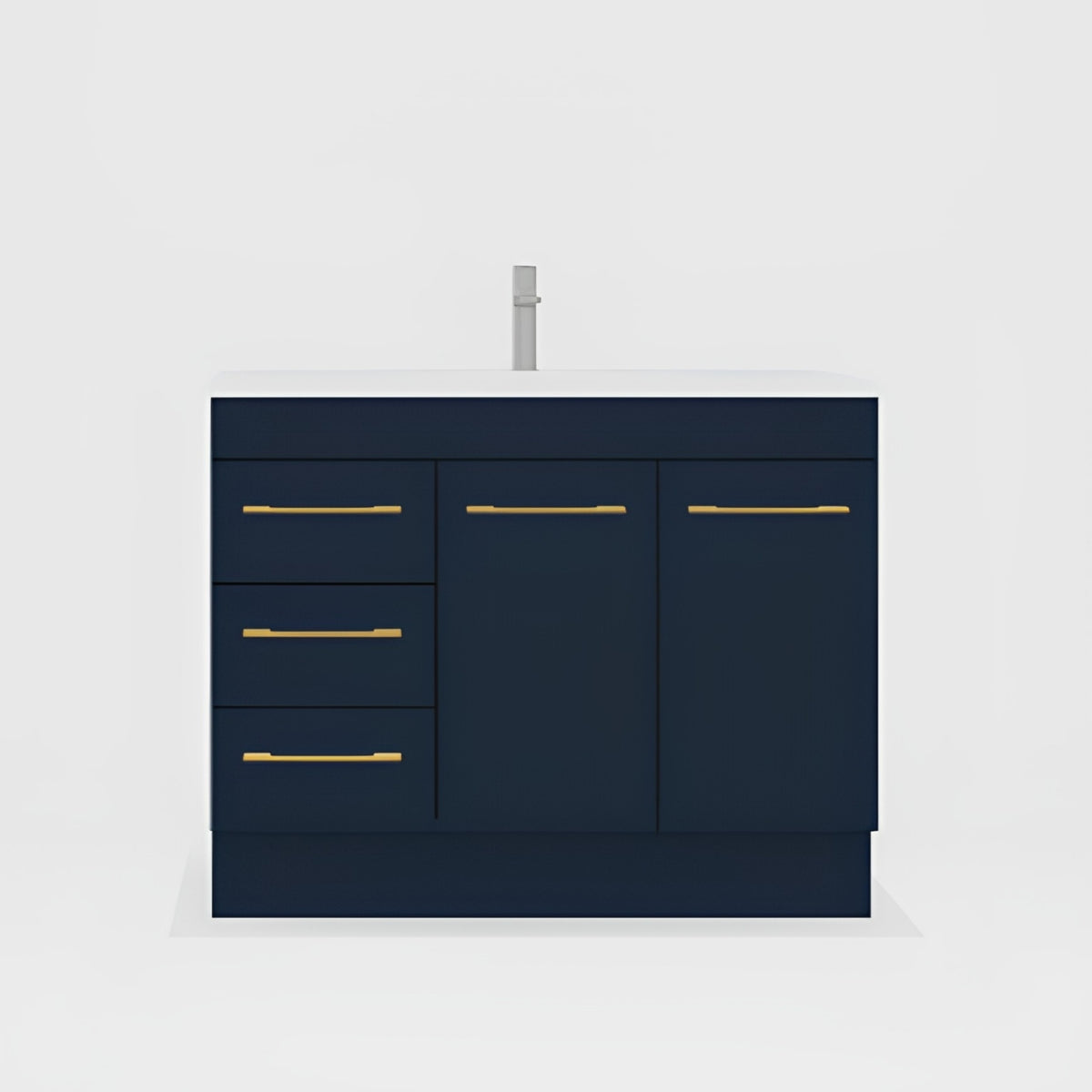 Timberline Bargo floor standing vanity, navy blue with white top, three drawers and brass handles, front view