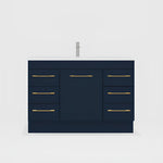 Timberline Bargo floor standing vanity with white top, navy cabinet, gold handles and centre basin opening