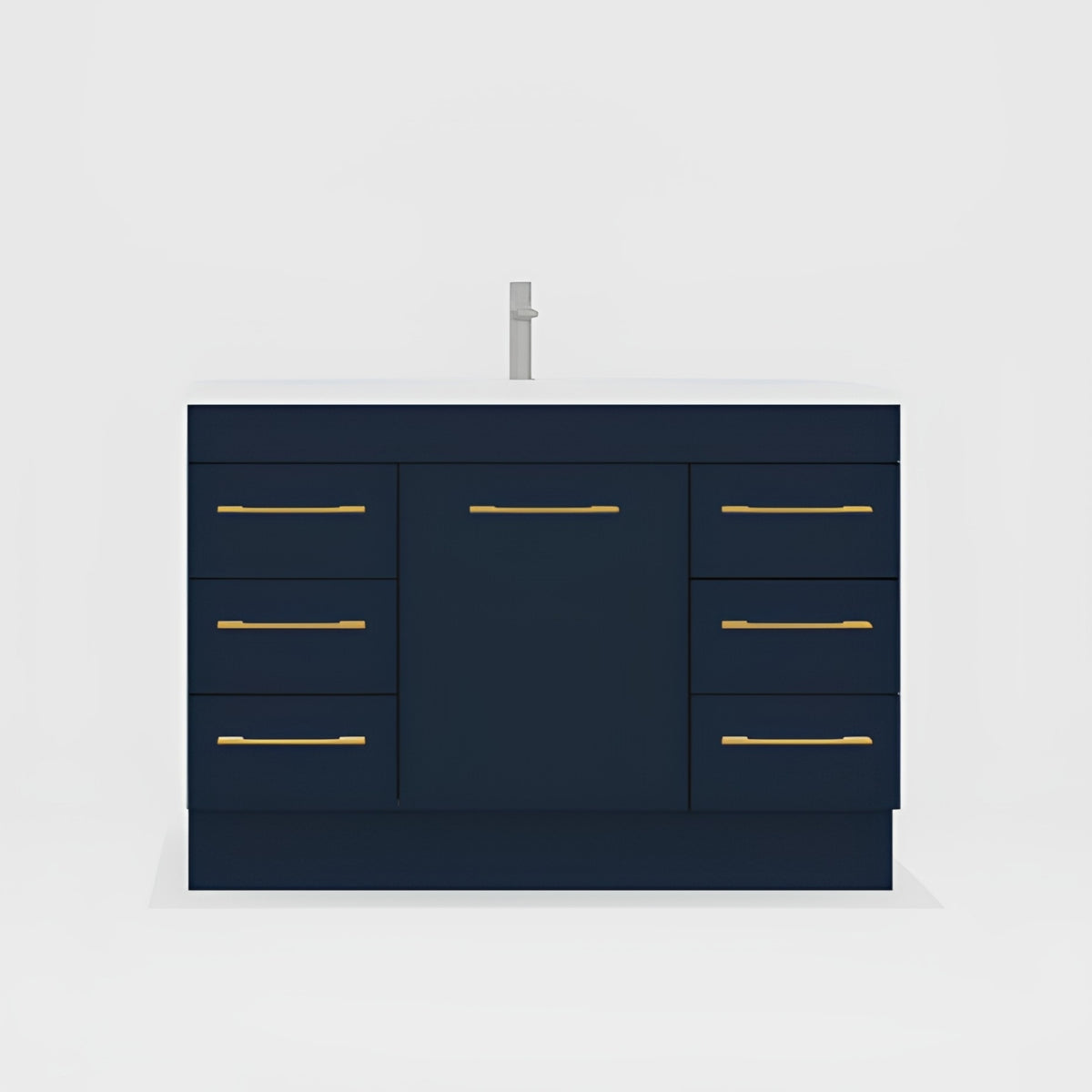 Timberline Bargo floor standing vanity with white top, navy cabinet, gold handles and centre basin opening