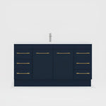 Timberline Bargo floor standing vanity in dark blue, with white top and gold handles, front view with double basin layout